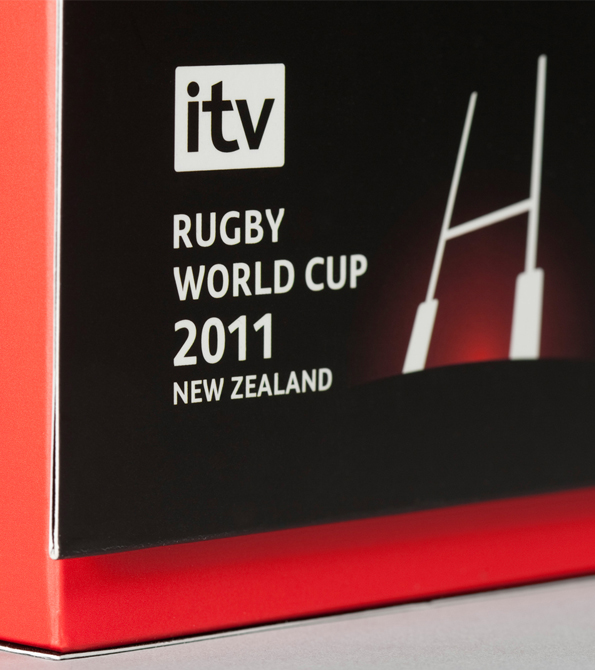Close up of the outside of the box designed goalposts with ITV logo and "Rugby World Cup 2011 New Zealand". Earnie creative design