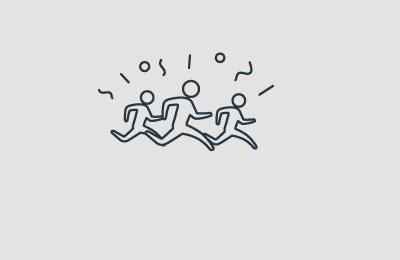 Three drawn animated people running next to each other with circles and lines above them on grey background. Earnie creative design