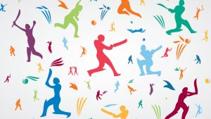 Graphics of cricket stumps, balls and women cricketers that form part of the identity. Earnie creative design
