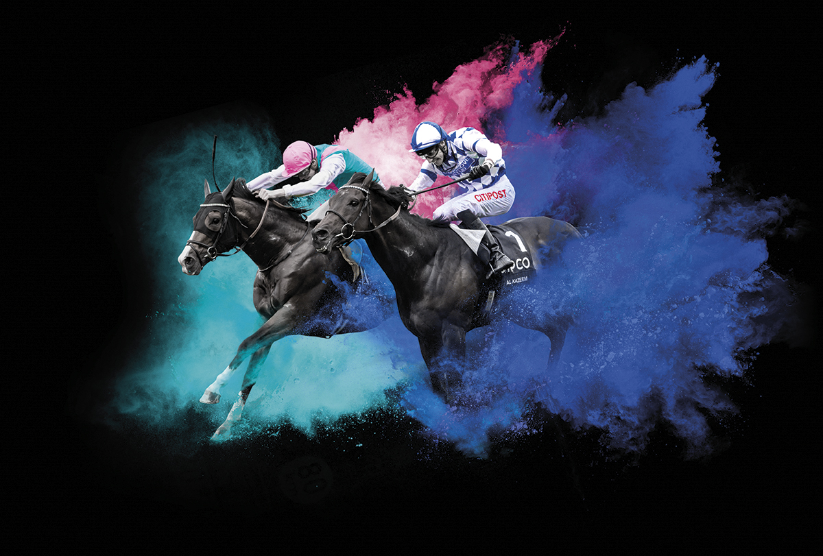 British Champions Day creative with two jockey and horses with the paint burst effect. Earnie creative design