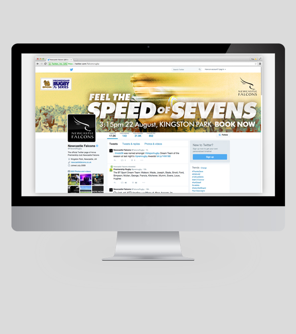 iMac showing the Speed of Sevens campaign being used on mobile. Earnie creative design