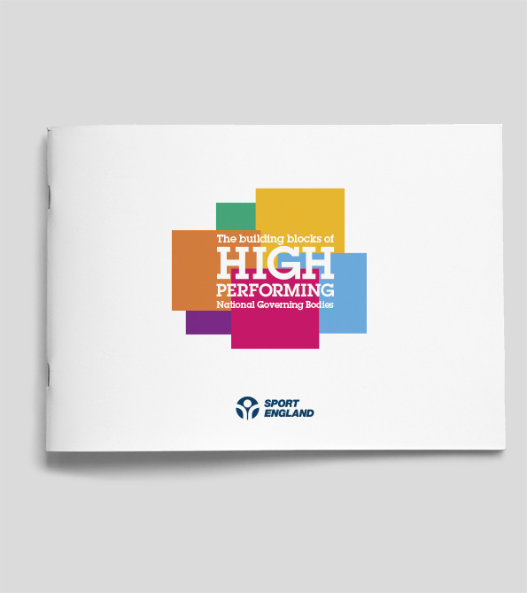 The outside of the leaflets for the Sport England guide to building high performing NGBs. Earnie creative design
