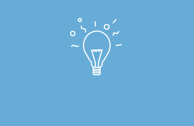 Animated lightbulb drawn in white on light blue background with lines above it. Earnie creative design
