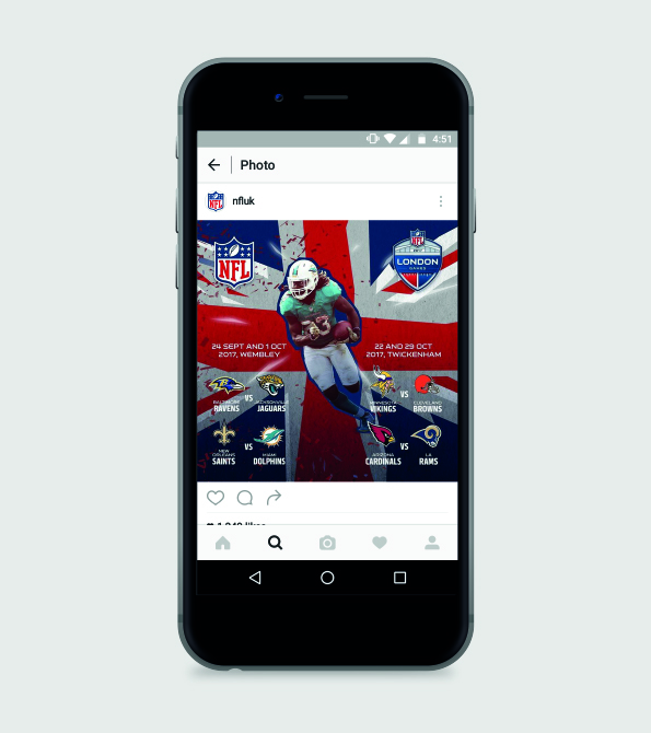 NFL London Games 2017 Instagram Phone with Jay Ajayi on the in front of the campaign creative. Earnie creative design