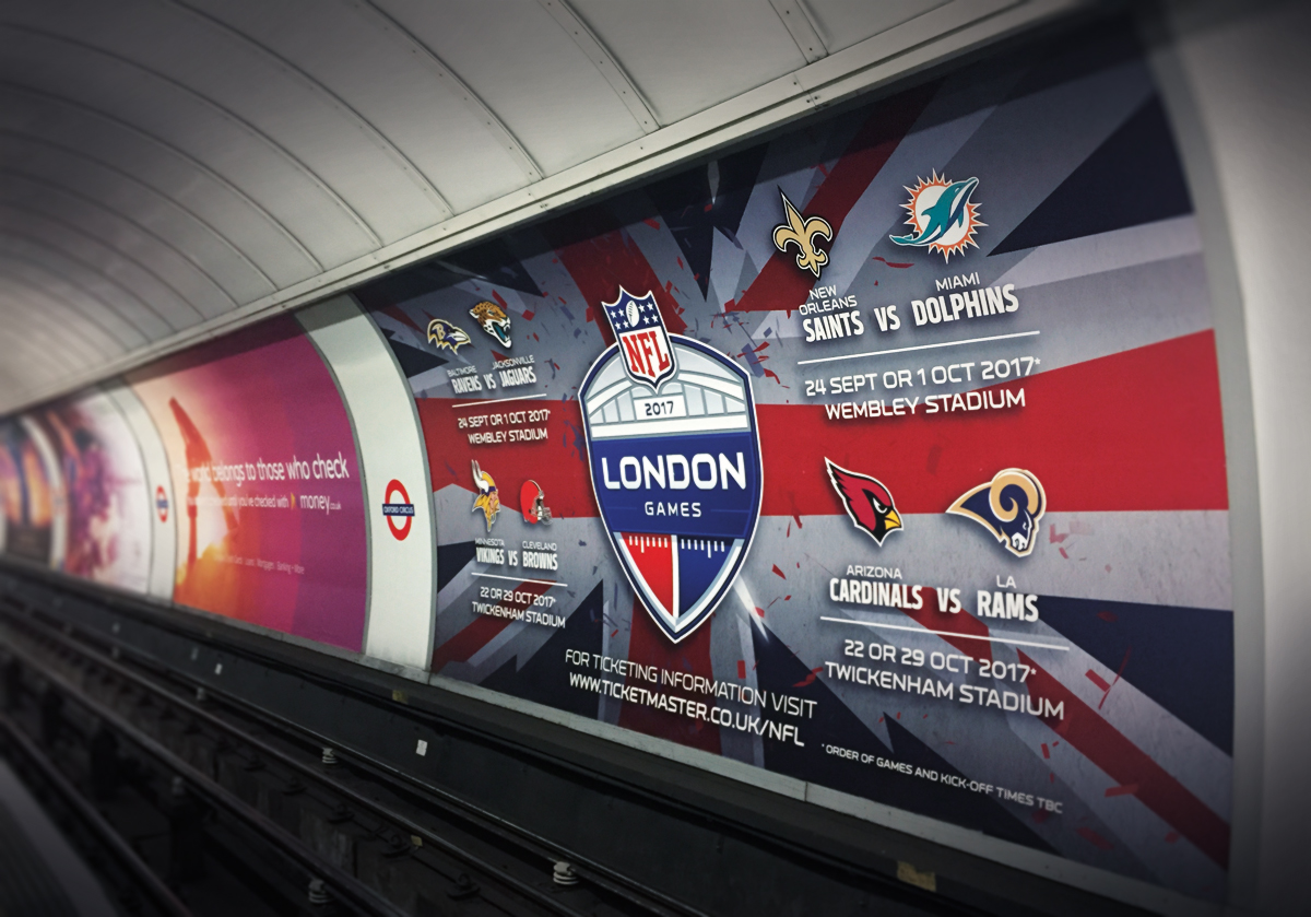 London Underground 48 sheet advert with NFL London Games creative design. Earnie creative design