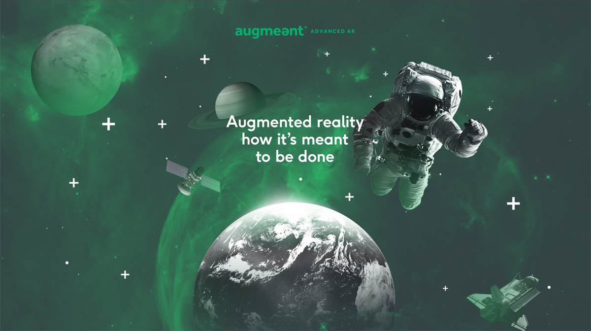 Creative for Augmeant with an astronaut, planet earth, Saturnm the Moon, a spaceshuttle, a satellite floating around in outer space. Earnie creative design