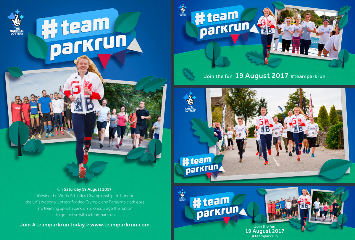 A number of iterations of the team parkrun creative. Earnie creative design