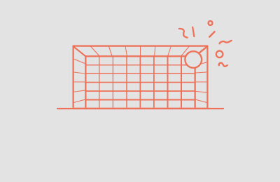 Goal illustration drawn in Orange with a ball in top right corner and shapes above the corner all on grey background. Earnie creative design.