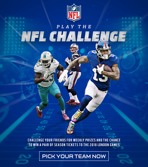 NFL Play the Challenge creative featuring Tom Brady, Jay Ajayi and Odell Beckham Jnr. Earnie creative design.