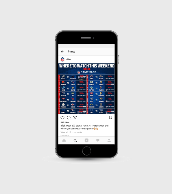 NFL UK Game pass fixtures instagram on phone. Earnie creative design.